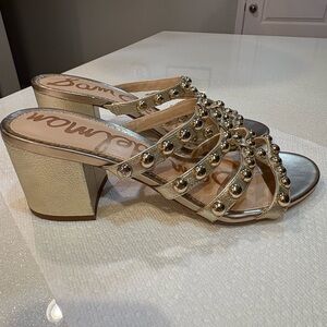 Sam Edelman Metallic Gold Studded 3” Heels Slides Open Toe Sandals Strappy